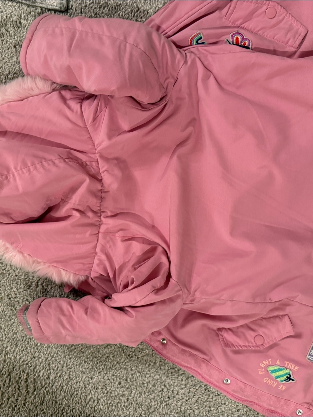 Girls' Pink Hooded Puffer Jacket with Faux Fur Trim